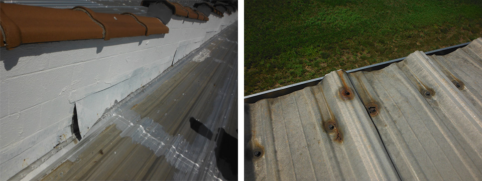 Damaged firewall roof to wall flashing damage and rust-thru holes at eave