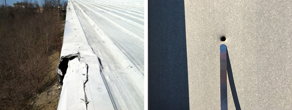 Wind damaged rake flashing and stray bullet holes