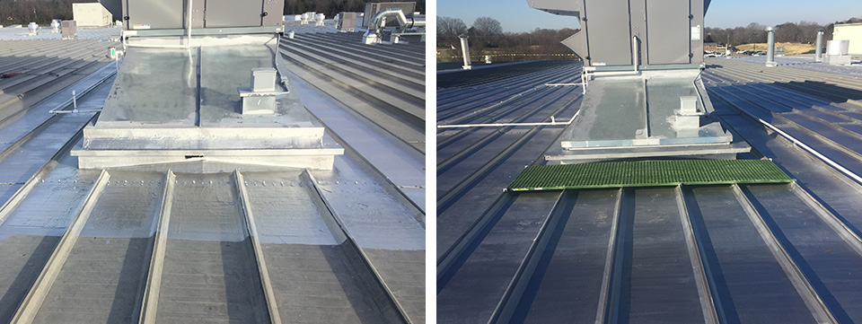 Large 30 Ton HVAC unit upslope curb flange to panel rust-thru with Galvalume repair and restoration with protective walk grate installed